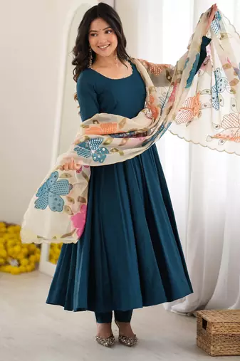 Teal blue premium anarkali gown with printed dupatta & pant