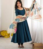 Teal blue premium anarkali gown with printed dupatta & pant