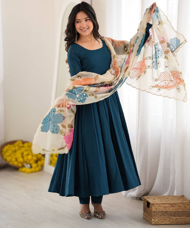 Teal blue premium anarkali gown with printed dupatta & pant