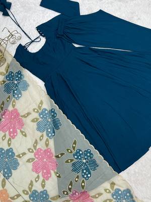 Teal blue premium anarkali gown with printed dupatta & pant 4