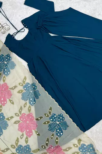 Teal blue premium anarkali gown with printed dupatta & pant