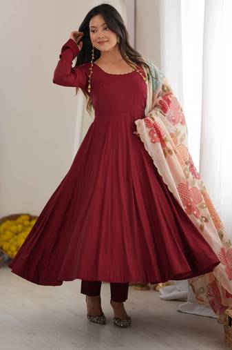 Maroon premium anarkali gown with printed dupatta & pant