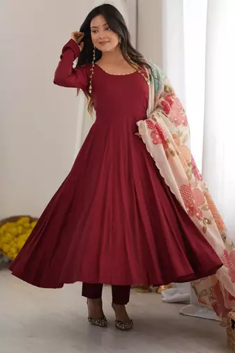 Maroon premium anarkali gown with printed dupatta & pant