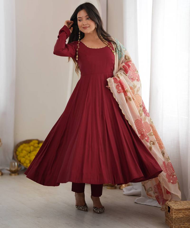 Maroon premium anarkali gown with printed dupatta & pant