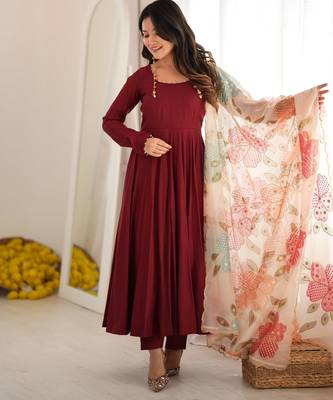 Maroon premium anarkali gown with printed dupatta & pant 2