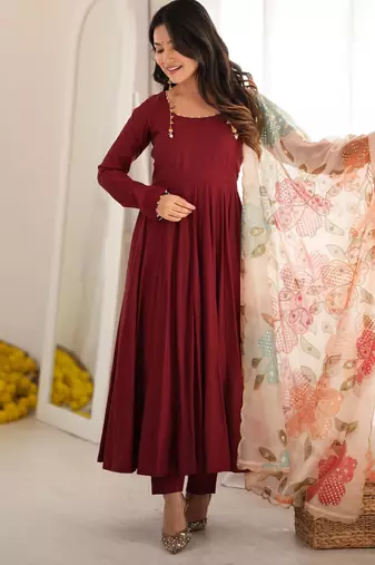 Maroon premium anarkali gown with printed dupatta & pant