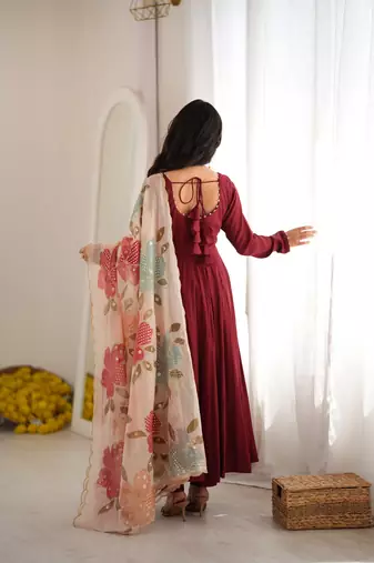 Maroon premium anarkali gown with printed dupatta & pant
