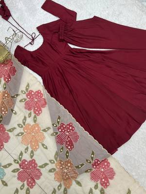 Maroon premium anarkali gown with printed dupatta & pant 4