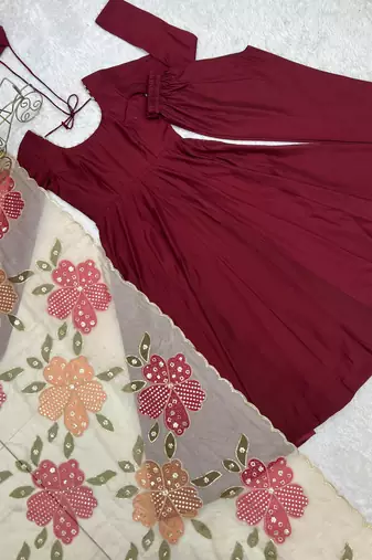 Maroon premium anarkali gown with printed dupatta & pant