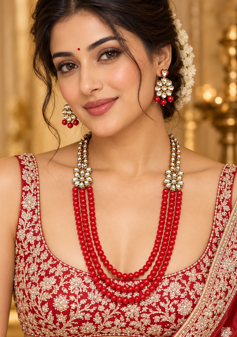 Traditional Indian Multi Layer Pearl Beaded Kundan Necklace Set