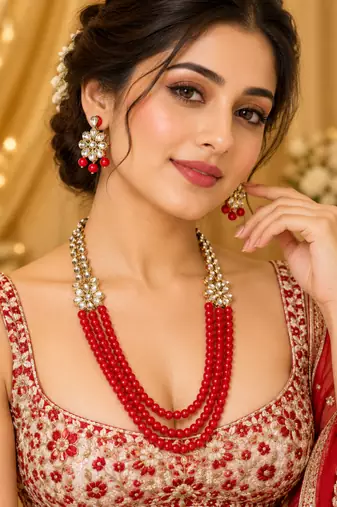 Traditional Indian Multi Layer Pearl Beaded Kundan Necklace Set