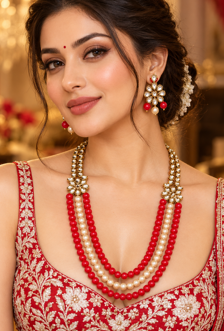 Designer multi layer pearl beaded kundan ethnic necklace set