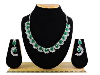 Green color rhodium plating festive wear designer necklace set 1