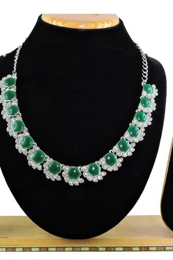 Green color rhodium plating festive wear designer necklace set