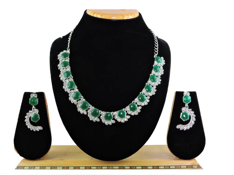 Green color rhodium plating festive wear designer necklace set