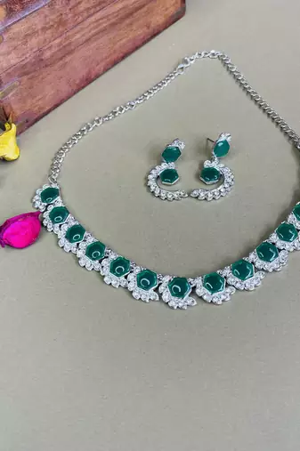 Green color rhodium plating festive wear designer necklace set