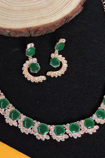 Green color rhodium plating festive wear designer necklace set