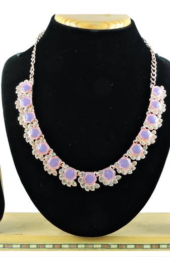 Pink color rhodium plating festive wear designer necklace set