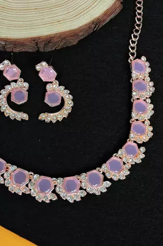 Pink color rhodium plating festive wear designer necklace set