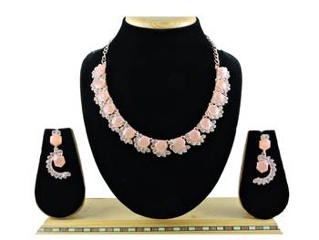 Pink color rhodium plating festive wear designer necklace set 1