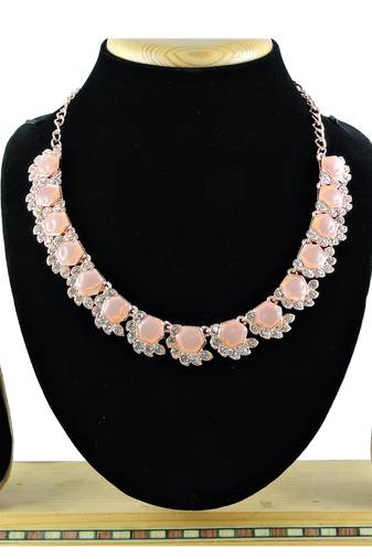 Pink color rhodium plating festive wear designer necklace set
