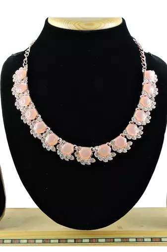 Pink color rhodium plating festive wear designer necklace set