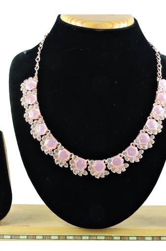 Pink color rhodium plating festive wear designer necklace set