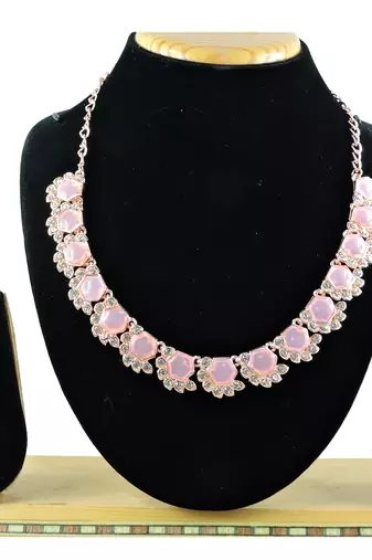 Pink color rhodium plating festive wear designer necklace set
