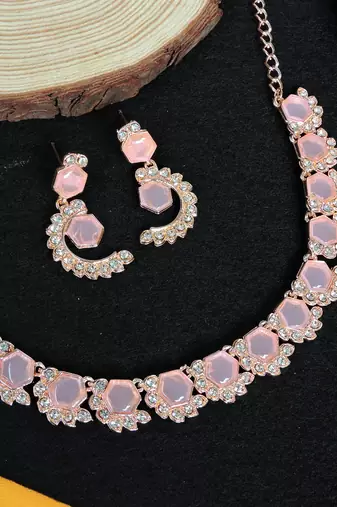 Pink color rhodium plating festive wear designer necklace set