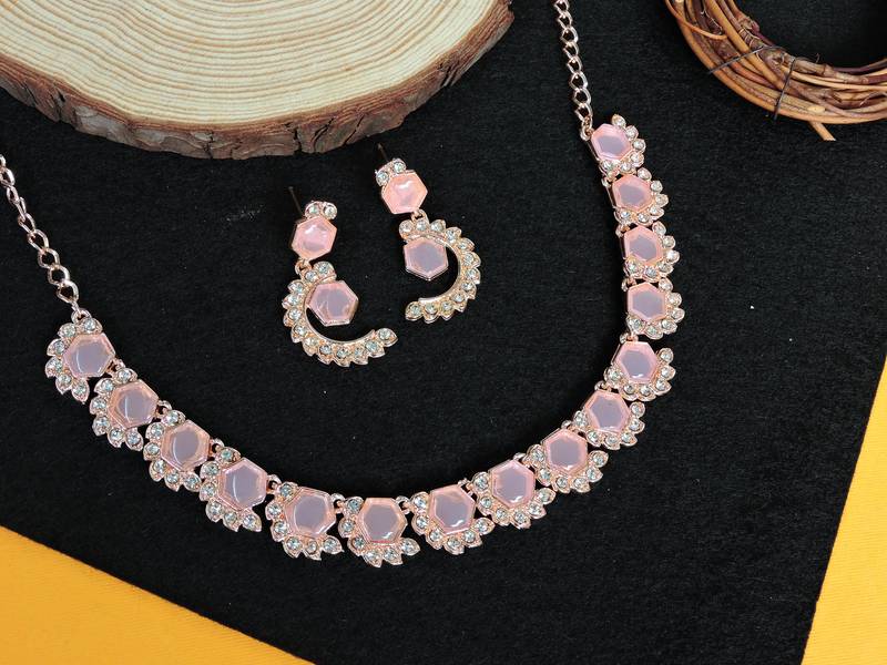 Pink color rhodium plating festive wear designer necklace set