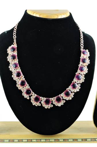 Pink color rhodium plating festive wear designer necklace set