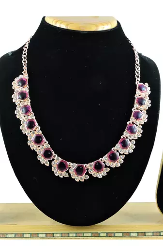 Pink color rhodium plating festive wear designer necklace set