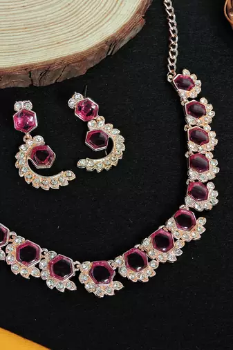 Pink color rhodium plating festive wear designer necklace set