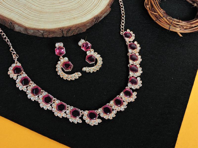 Pink color rhodium plating festive wear designer necklace set