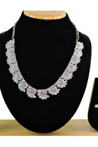Pink color rhodium plating festive wear designer necklace set