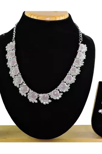 Pink color rhodium plating festive wear designer necklace set