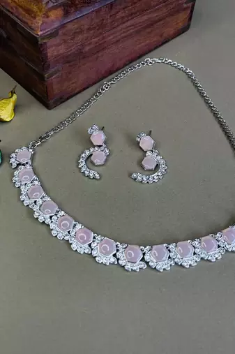 Pink color rhodium plating festive wear designer necklace set