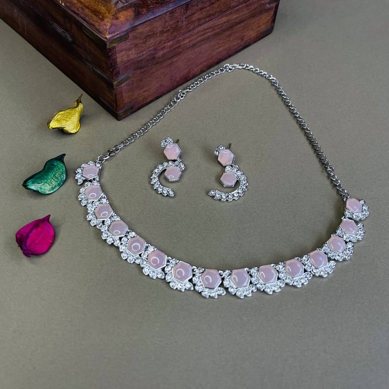 Pink color rhodium plating festive wear designer necklace set