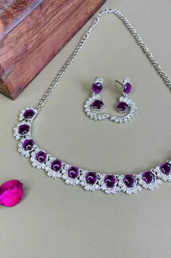 Purple color rhodium plating festive wear designer necklace set