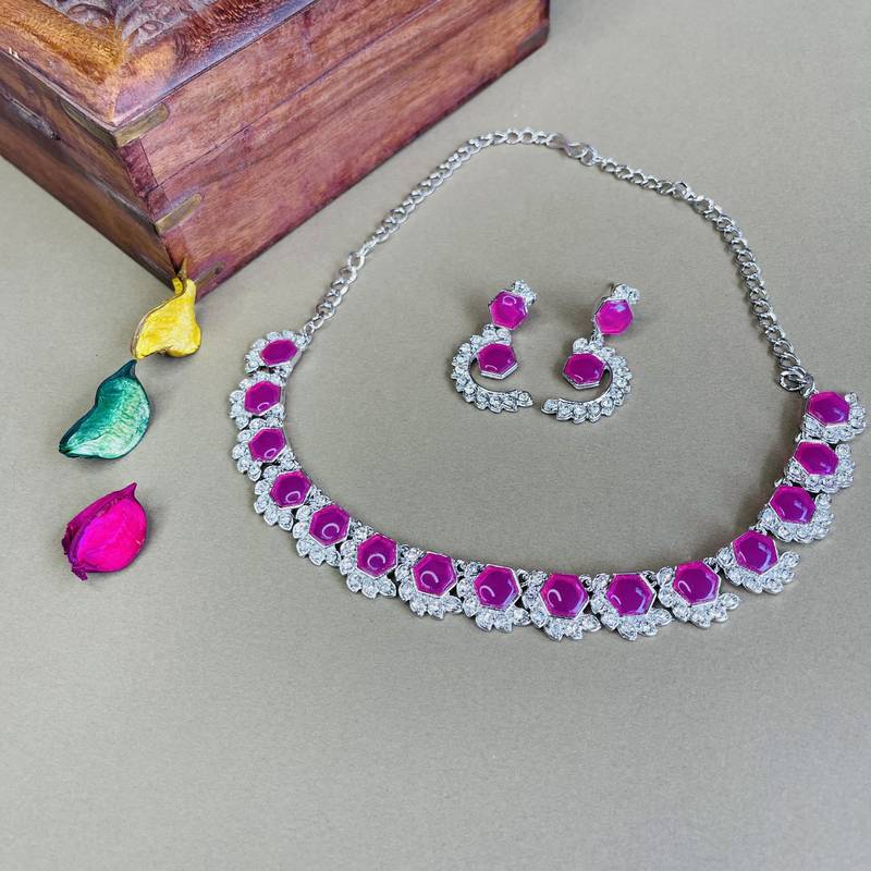 Maroon color rhodium plating festive wear designer necklace set