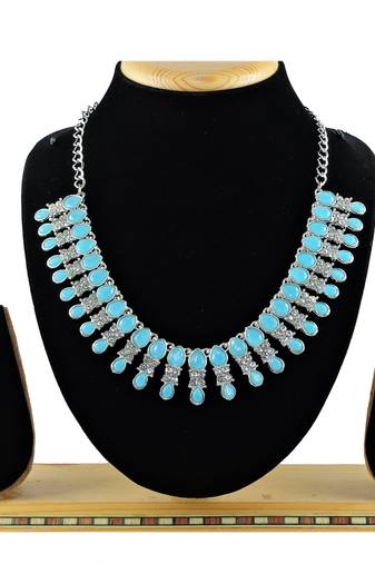 Turquoise color rhodium plating festive wear designer necklace set