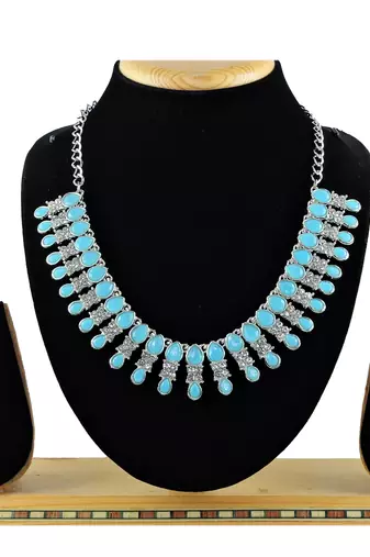 Turquoise color rhodium plating festive wear designer necklace set