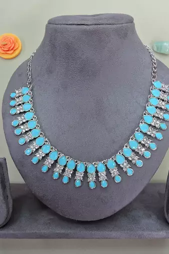 Turquoise color rhodium plating festive wear designer necklace set