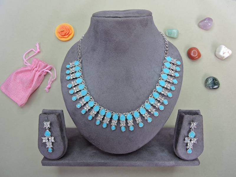 Turquoise color rhodium plating festive wear designer necklace set