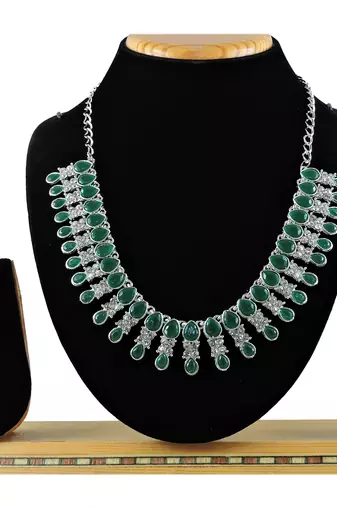 Green color rhodium plating festive wear designer necklace set