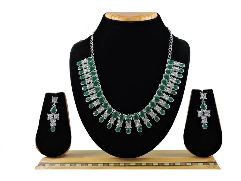 Green color rhodium plating festive wear designer necklace set