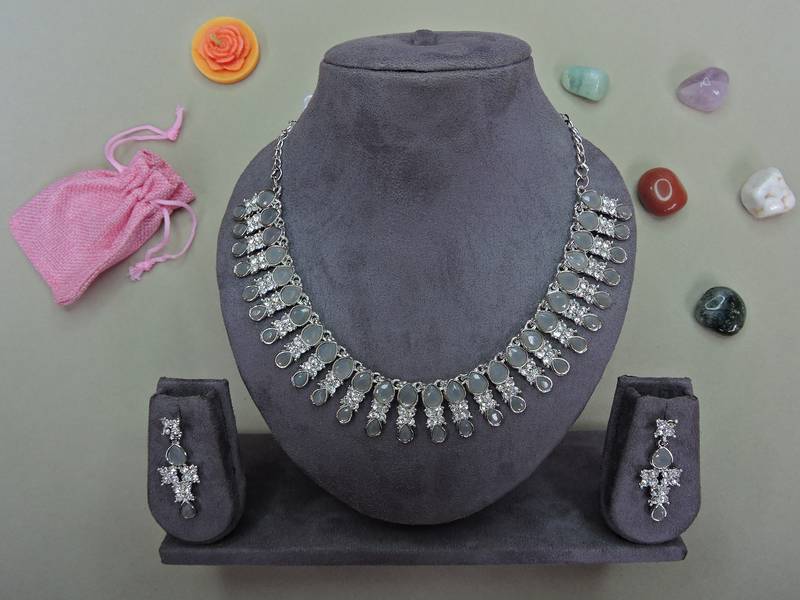 Grey color rhodium plating festive wear designer necklace set
