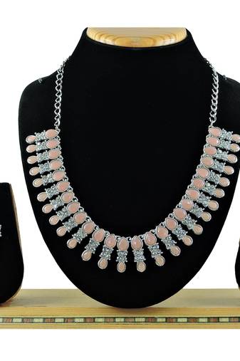 Pink color rhodium plating festive wear designer necklace set