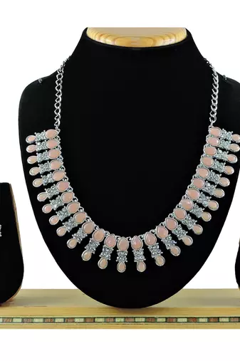 Pink color rhodium plating festive wear designer necklace set