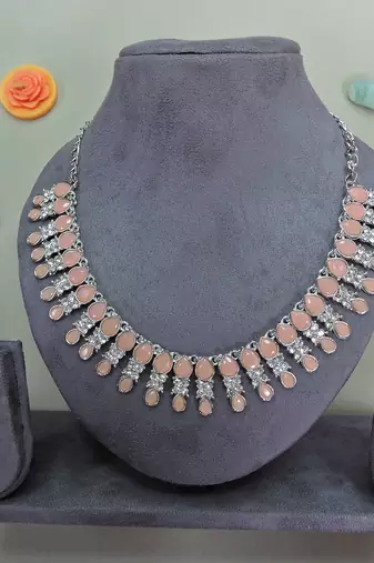 Pink color rhodium plating festive wear designer necklace set